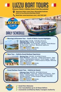 Luzzu Tours Malta Daily Schedule Summer 2025